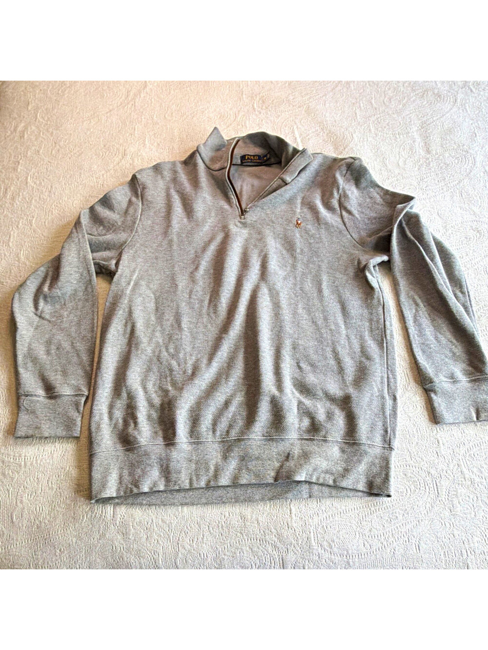 Polo Ralph Lauren Men’s XL Gray Waffle-Knit Cotton 1/4 Zip Mock Neck Sweater